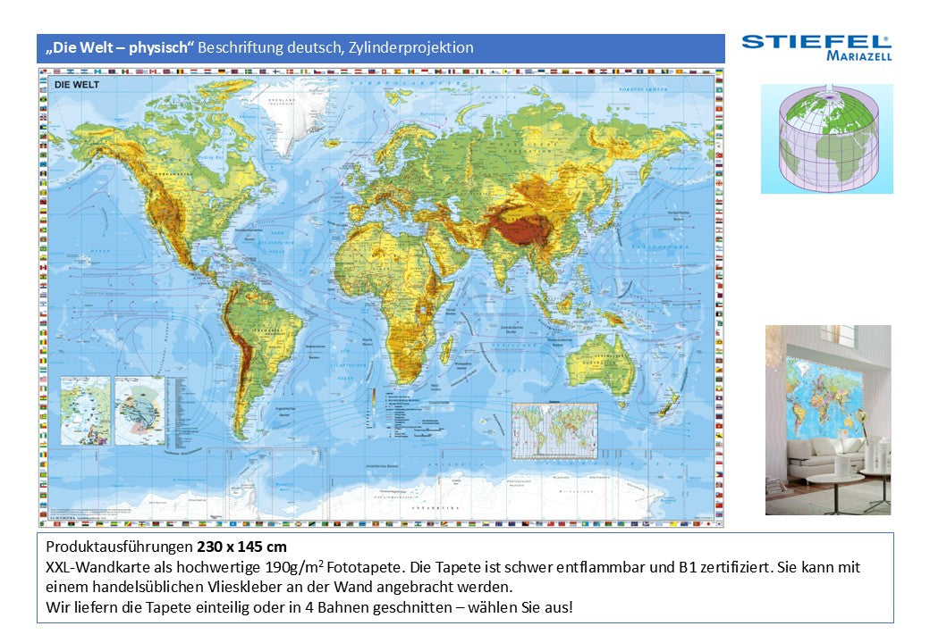 Fototapete „Die Welt – physisch“ Beschriftung deutsch, Zylinderprojektion