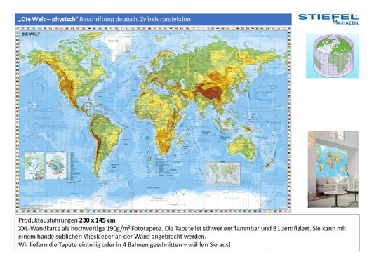 Fototapete „Die Welt – physisch“ Beschriftung deutsch, Zylinderprojektion
