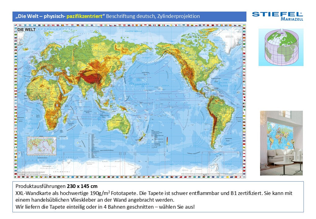 Fototapete „Die Welt – physisch- pazifikzentriert“ Beschriftung deutsch, Zylinderprojektion