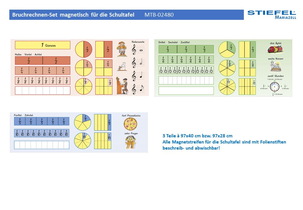 3er-Set Magnetstreifen Bruchrechnen für die Schultafel