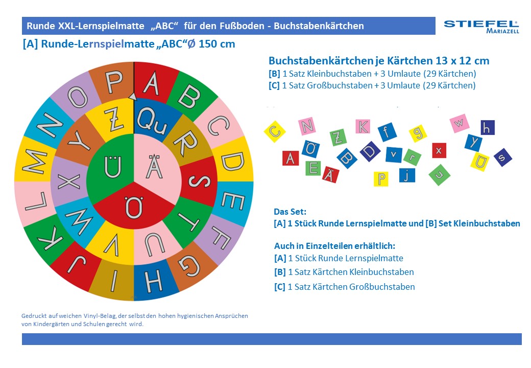 Runde XXL-Lernspielmatte „ABC“ für den Fußboden - Buchstabenkärtchen als UMeW DAZ