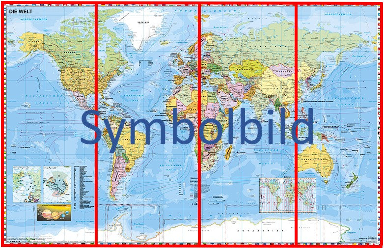Fototapete „Die Welt – politisch- pazifikzentriert“ Beschriftung deutsch, Zylinderprojektion