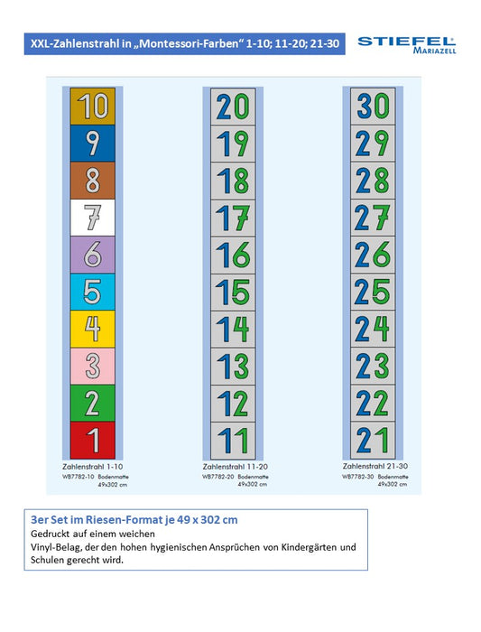 XXL-Zahlenstrahl in „Montessori-Farben“ 1-10; 11-20; 21-30