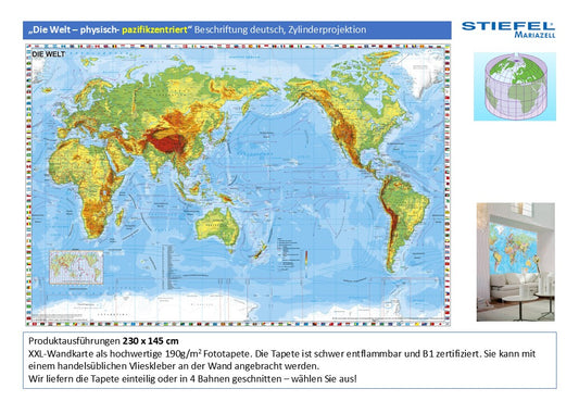 Fototapete „Die Welt – physisch- pazifikzentriert“ Beschriftung deutsch, Zylinderprojektion